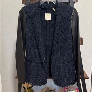 Rebecca Taylor Tweed Jacket Lambskin Leather Sleeves Fringe Trim Blazer